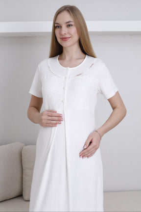Lace Collar Maternity-Nursing Nightgown & Patterned Robe Set Ecru - 2294