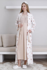 Lace Collar Maternity-Nursing Nightgown & Patterned Robe Set Mink - 2294