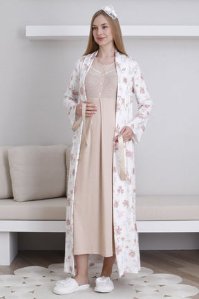 Lace Collar Maternity-Nursing Nightgown & Patterned Robe Set Mink - 2294