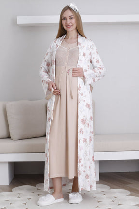 Lace Collar Maternity-Nursing Nightgown & Patterned Robe Set Mink - 2294