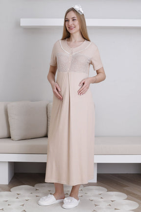 Lace Collar Maternity-Nursing Nightgown & Patterned Robe Set Mink - 2294