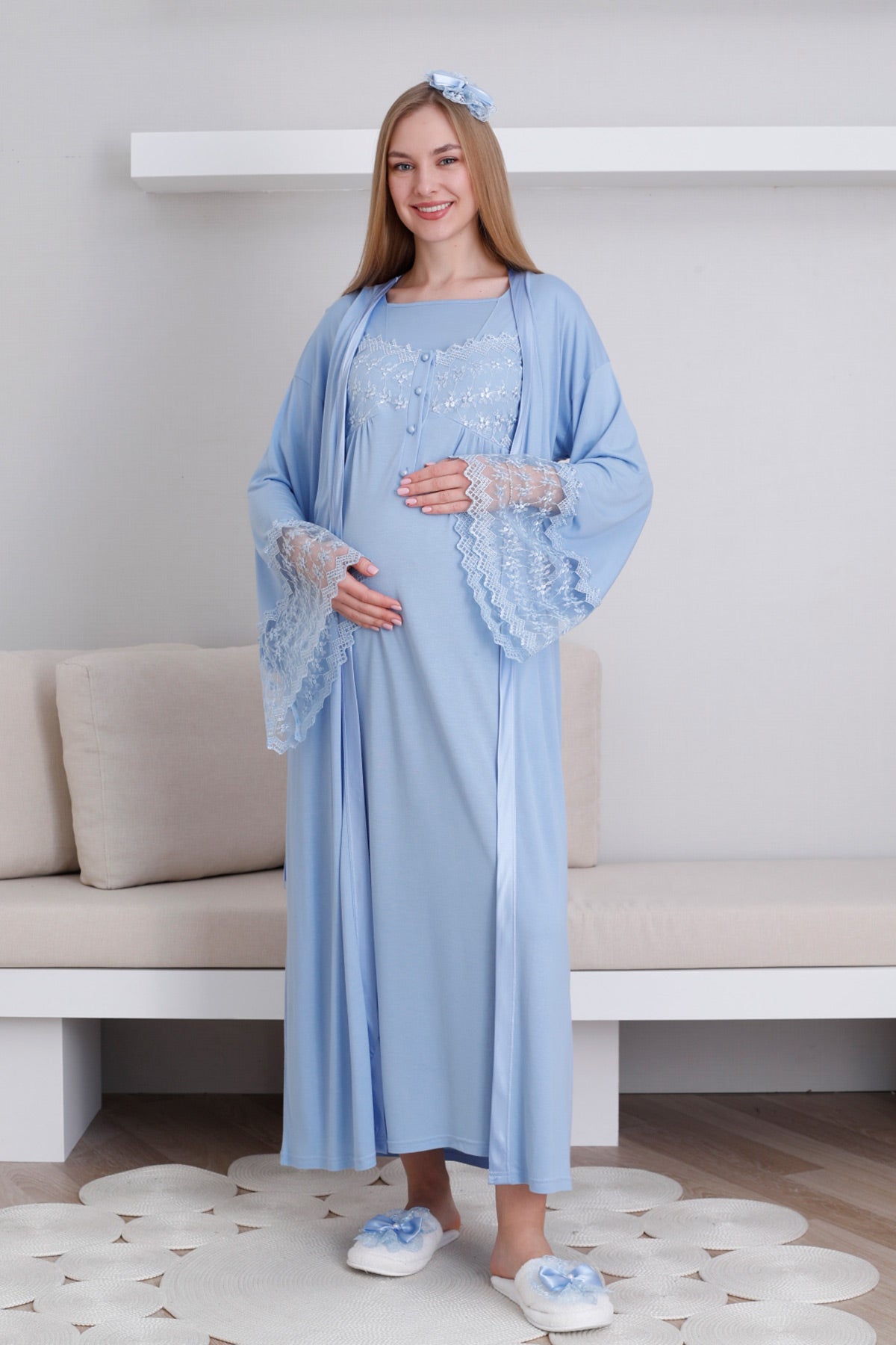 Lace Collar and Sleeve Maternity-Nursing Nightgown & Robe Set Blue - 2295