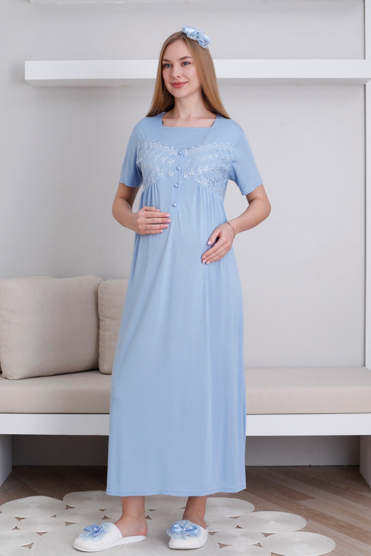 Lace Collar and Sleeve Maternity-Nursing Nightgown & Robe Set Blue - 2295