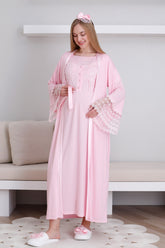 Lace Collar and Sleeve Maternity-Nursing Nightgown & Robe Set Pink - 2295