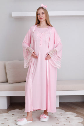 Lace Collar and Sleeve Maternity-Nursing Nightgown & Robe Set Pink - 2295