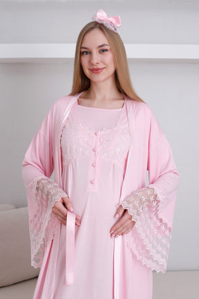 Lace Collar and Sleeve Maternity-Nursing Nightgown & Robe Set Pink - 2295