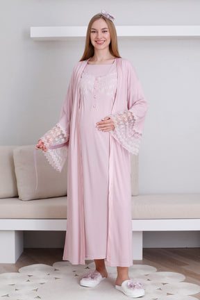Lace Collar and Sleeve Maternity-Nursing Nightgown & Robe Set Powder - 2295