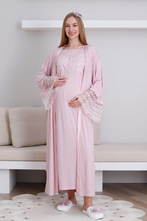 Lace Collar and Sleeve Maternity-Nursing Nightgown & Robe Set Powder - 2295