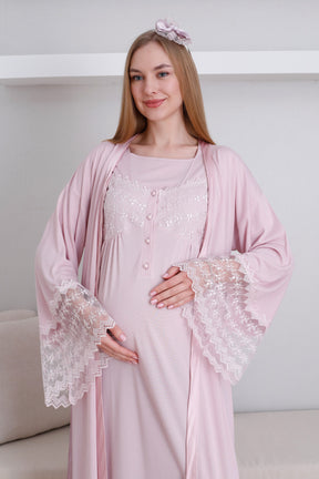 Lace Collar and Sleeve Maternity-Nursing Nightgown & Robe Set Powder - 2295