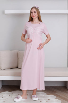 Lace Collar and Sleeve Maternity-Nursing Nightgown & Robe Set Powder - 2295