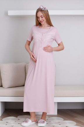 Lace Collar and Sleeve Maternity-Nursing Nightgown & Robe Set Powder - 2295
