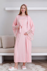 Lace Collar and Sleeve Maternity-Nursing Nightgown & Robe Set Salmon - 2295