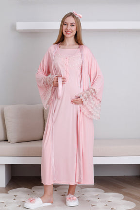 Lace Collar and Sleeve Maternity-Nursing Nightgown & Robe Set Salmon - 2295