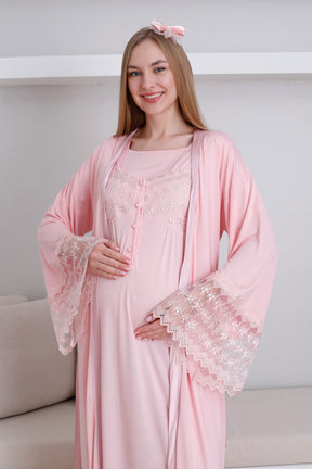 Lace Collar and Sleeve Maternity-Nursing Nightgown & Robe Set Salmon - 2295