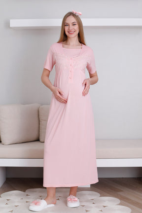 Lace Collar and Sleeve Maternity-Nursing Nightgown & Robe Set Salmon - 2295