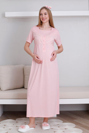 Lace Collar and Sleeve Maternity-Nursing Nightgown & Robe Set Salmon - 2295