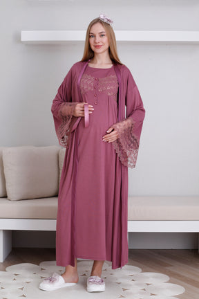 Lace Collar and Sleeve Maternity-Nursing Nightgown & Robe Set Cherry - 2295