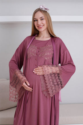 Lace Collar and Sleeve Maternity-Nursing Nightgown & Robe Set Cherry - 2295