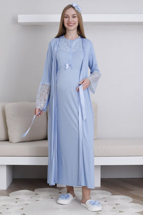 Lace Collar Maternity-Nursing Nightgown & Lace Sleeve Robe Set Blue - 2296