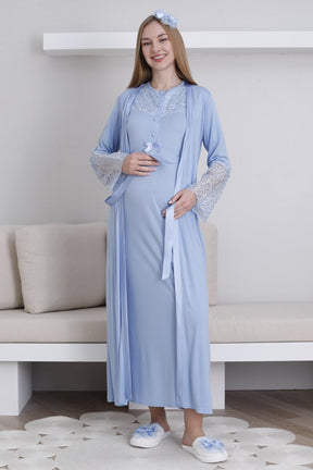 Lace Collar Maternity-Nursing Nightgown & Lace Sleeve Robe Set Blue - 2296