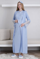 Lace Collar Maternity-Nursing Nightgown & Lace Sleeve Robe Set Blue - 2296