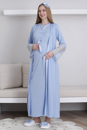 Lace Collar Maternity-Nursing Nightgown & Lace Sleeve Robe Set Blue - 2296