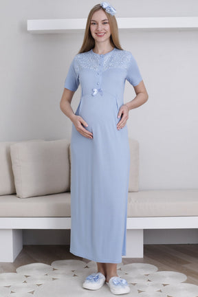 Lace Collar Maternity-Nursing Nightgown & Lace Sleeve Robe Set Blue - 2296