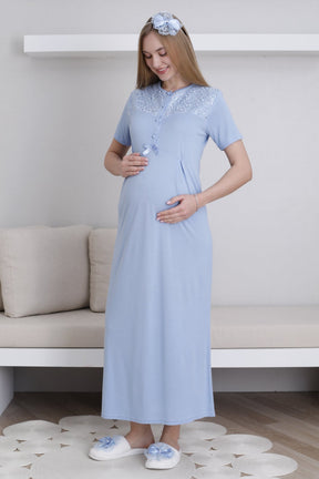 Lace Collar Maternity-Nursing Nightgown & Lace Sleeve Robe Set Blue - 2296