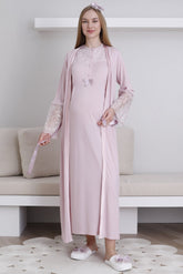 Lace Collar Maternity-Nursing Nightgown & Lace Sleeve Robe Set Powder - 2296