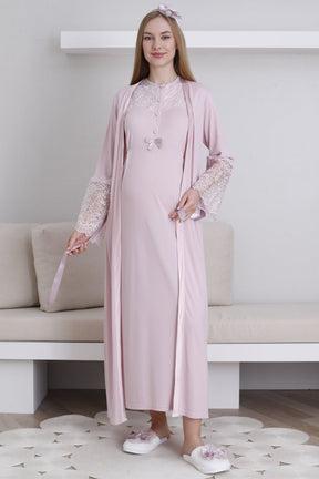 Lace Collar Maternity-Nursing Nightgown & Lace Sleeve Robe Set Powder - 2296