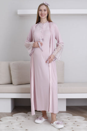 Lace Collar Maternity-Nursing Nightgown & Lace Sleeve Robe Set Powder - 2296