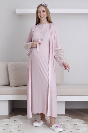 Lace Collar Maternity-Nursing Nightgown & Lace Sleeve Robe Set Powder - 2296