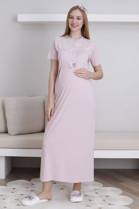 Lace Collar Maternity-Nursing Nightgown & Lace Sleeve Robe Set Powder - 2296