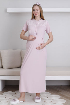 Lace Collar Maternity-Nursing Nightgown & Lace Sleeve Robe Set Powder - 2296