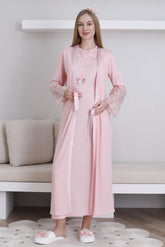 Lace Collar Maternity-Nursing Nightgown & Lace Sleeve Robe Set Salmon - 2296