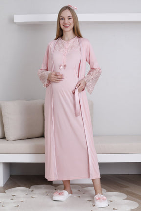 Lace Collar Maternity-Nursing Nightgown & Lace Sleeve Robe Set Salmon - 2296