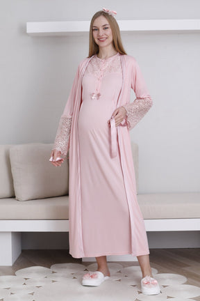 Lace Collar Maternity-Nursing Nightgown & Lace Sleeve Robe Set Salmon - 2296