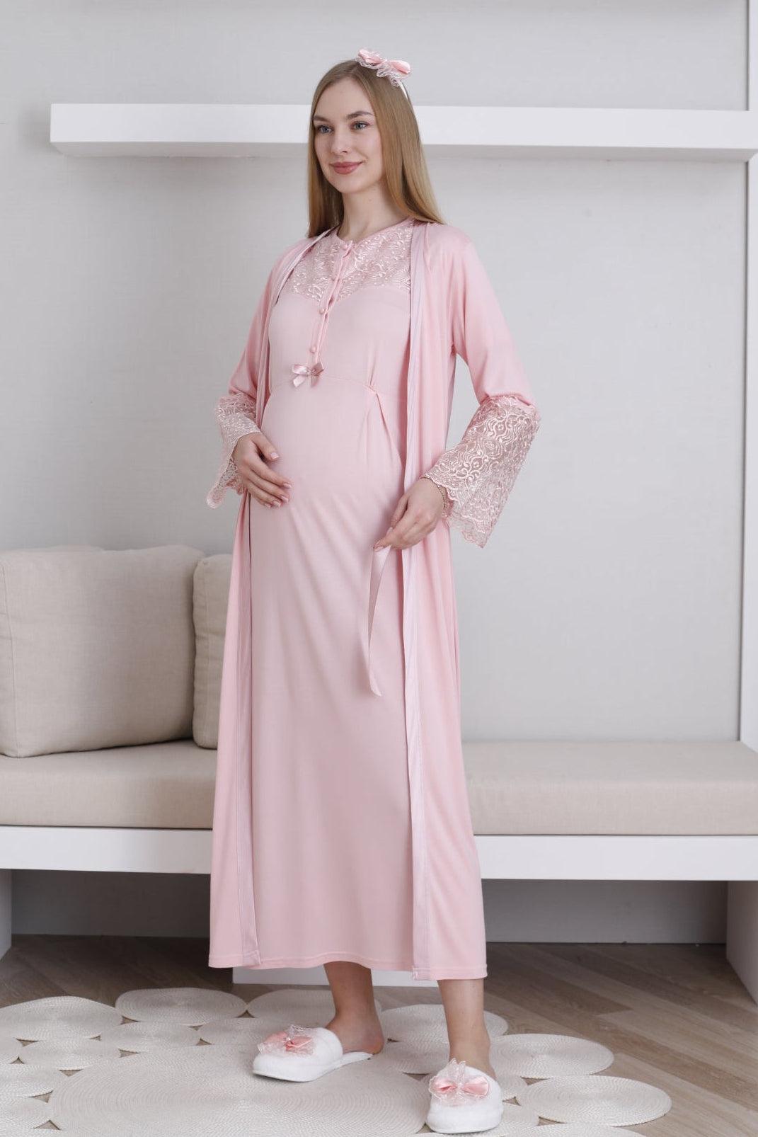Lace Collar Maternity-Nursing Nightgown & Lace Sleeve Robe Set Salmon - 2296