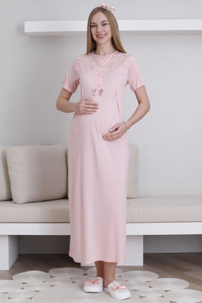 Lace Collar Maternity-Nursing Nightgown & Lace Sleeve Robe Set Salmon - 2296