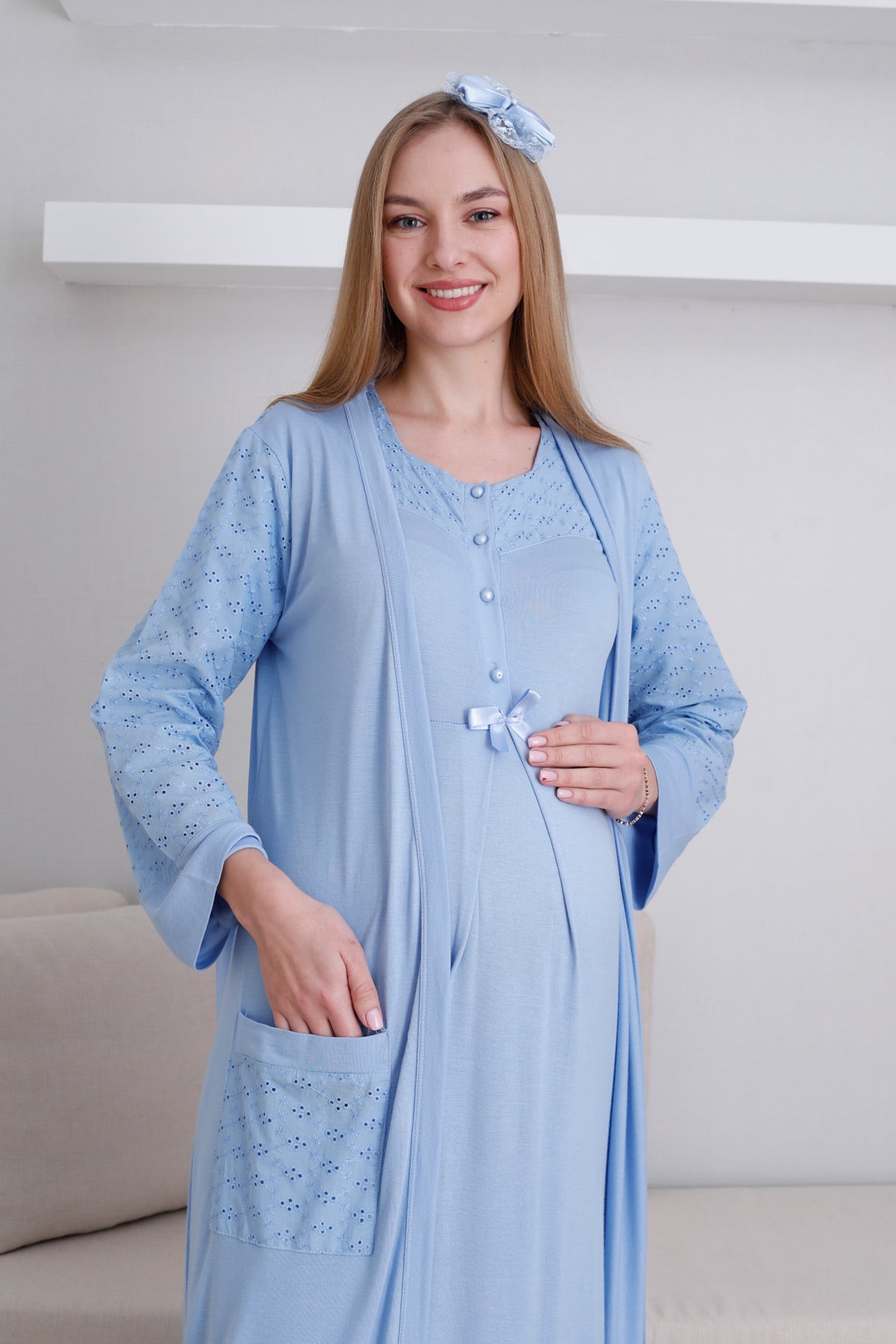 Vintage Lace Maternity Feeding-Friendly Nightgown & Robe Set Blue - Z2297