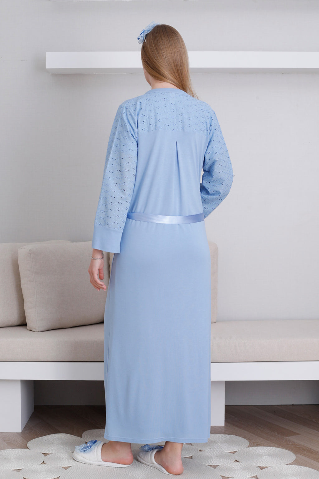 Vintage Lace Maternity Feeding-Friendly Nightgown & Robe Set Blue - Z2297