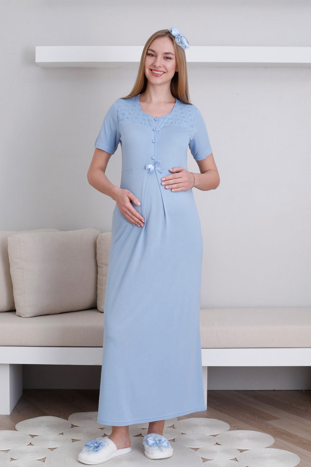 Vintage Lace Maternity Feeding-Friendly Nightgown & Robe Set Blue - Z2297
