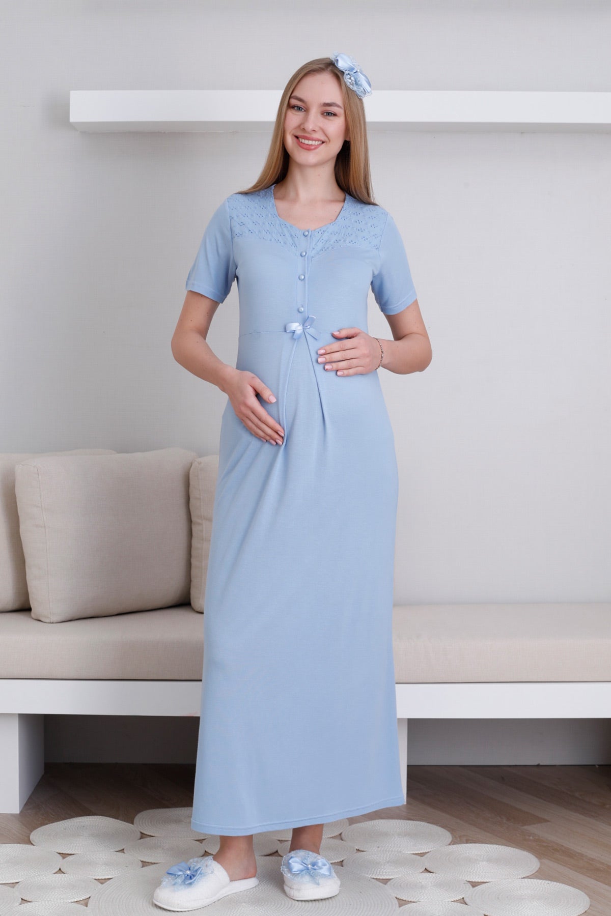 Vintage Lace Maternity Feeding-Friendly Nightgown & Robe Set Blue - Z2297