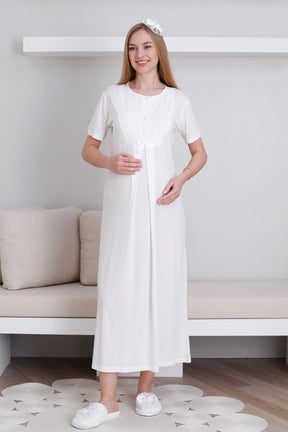Embroidered Maternity-Nursing Nightgown & Robe Set Ecru - 2298
