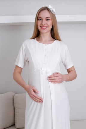 Embroidered Maternity-Nursing Nightgown & Robe Set Ecru - 2298