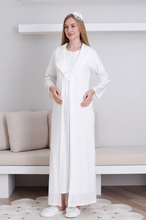 Embroidered Maternity-Nursing Nightgown & Robe Set Ecru - 2298