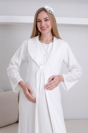 Embroidered Maternity-Nursing Nightgown & Robe Set Ecru - 2298