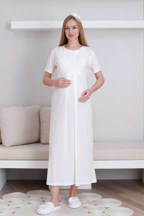 Embroidered Maternity-Nursing Nightgown & Robe Set Ecru - 2298