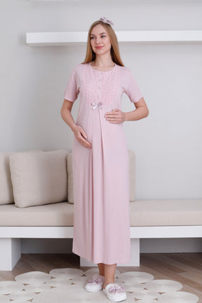 Embroidered Maternity-Nursing Nightgown & Robe Set Powder - 2298