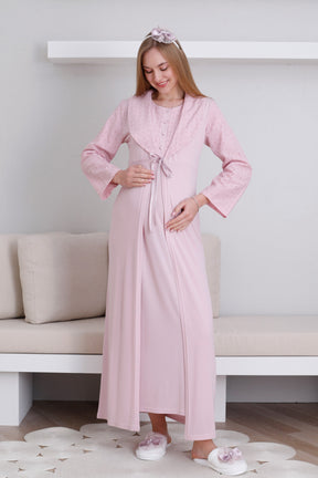 Embroidered Maternity-Nursing Nightgown & Robe Set Powder - 2298
